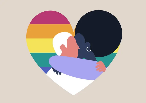 Λοατ Κοινότητα Δύο Ενήλικες Αγκαλιασμένοι Φόντο Καρδιάς Ουράνιου Τόξου Αγάπη — Διανυσματικό Αρχείο