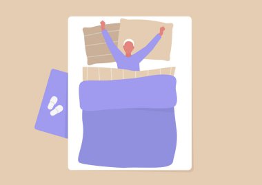 Genç erkek karakter battaniyeyle örtülmüş yatağa, sabah rutinine, günlük hayata.