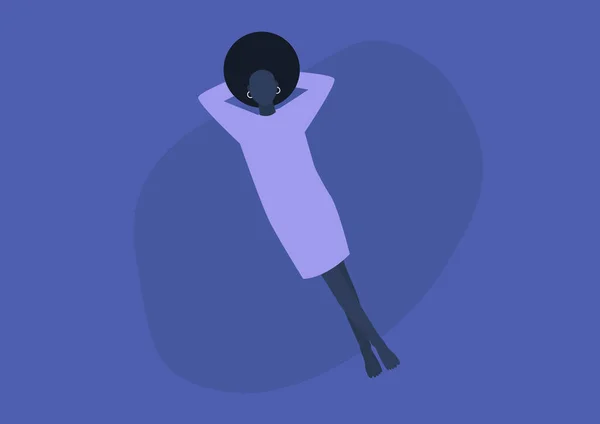 Jeune Personnage Féminin Noir Reposant Couché Sur Dos Atmosphère Détendue — Image vectorielle