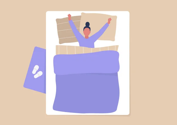 Junge Weibliche Figur Mit Einer Decke Bedeckt Die Sich Bett — Stockvektor