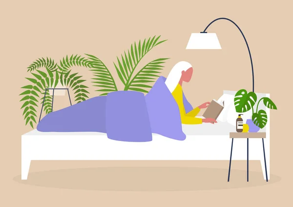 ベッドで読む若い女性のキャラクター 寝室のインテリアデザイン ミレニアルライフスタイル — ストックベクタ