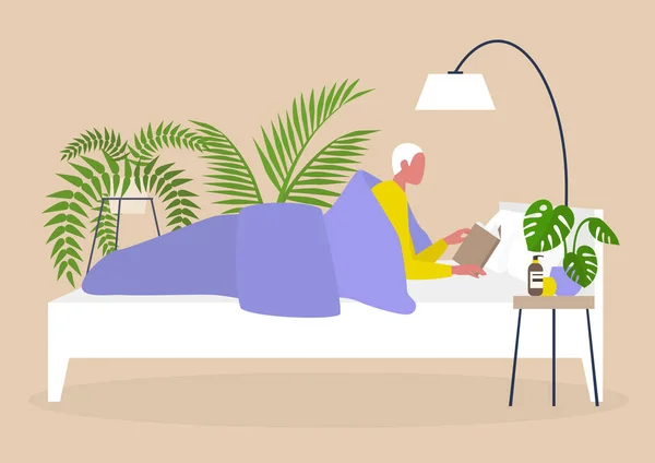 Joven Personaje Masculino Leyendo Cama Dormitorio Diseño Interiores Estilo Vida — Vector de stock