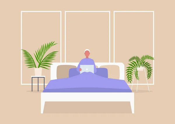 Joven Personaje Masculino Acostado Cama Con Computadora Dormitorio Interior Estilo — Archivo Imágenes Vectoriales