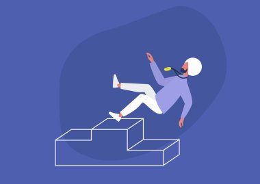 Başarısızlık, kavramsal illüstrasyon, kaideden düşen genç Hintli erkek karakter, meydan okuma, şampiyonluk, dengesini kaybetme.