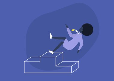 Başarısızlık, kavramsal illüstrasyon, kaideden düşen genç siyah kadın karakter, meydan okuma, şampiyonluk, dengesini kaybetme.