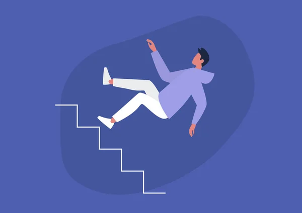 Joven Personaje Masculino Cayendo Una Escalera Desgracia Concepto Fracaso — Vector de stock