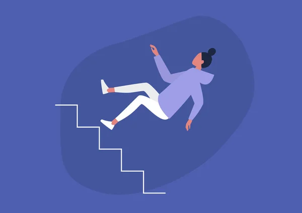 Joven Personaje Femenino Cayendo Una Escalera Desgracia Concepto Fracaso — Vector de stock