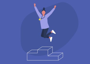 Genç heyecanlı kadın karakter kaideye atlıyor, kazanan konsept