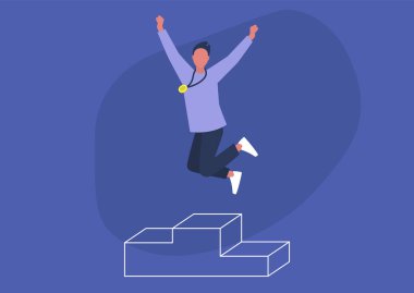 Heyecanlı genç erkek karakter kaideye atlıyor, kazanan konsept