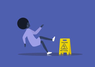 Dikkat ıslak tabela, genç siyah kadın karakter ıslak zeminde kaydı.