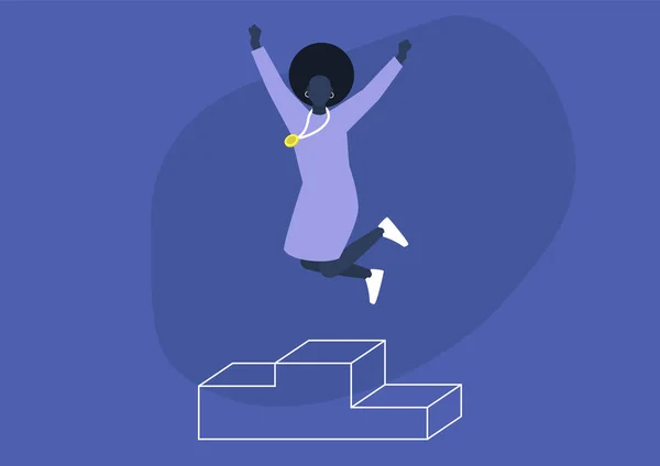 Joven Emocionado Personaje Femenino Negro Saltando Pedestal Concepto Ganador — Vector de stock
