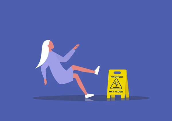 Caution Wet Floor Sign Young Female Character Slipped Wet Floor — Stock Vector