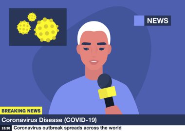 Coronavirus flaş haber, genç Asyalı erkek muhabir mikrofon tutuyor.