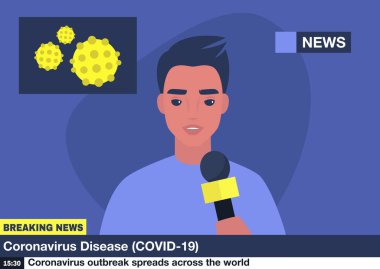 Coronavirus son dakika haberi, genç erkek muhabir mikrofon tutuyor.