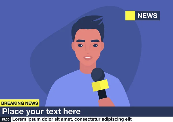 Aktuelle Nachrichten Junge Männliche Reporter Halten Ein Mikrofon Attrappe Kopierraum — Stockvektor