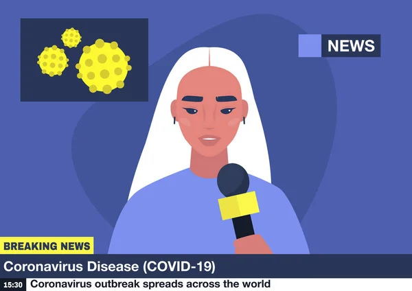 Coronavirus Breaking News Young Asian Female Reporter Holding Microphone — Stock Vector