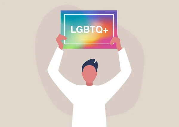 Jonge Mannelijke Karakter Met Een Lgbtq Poster Met Een Wazig — Stockvector