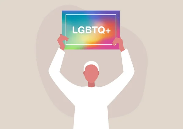 Jonge Mannelijke Karakter Met Een Lgbtq Poster Met Een Wazig — Stockvector