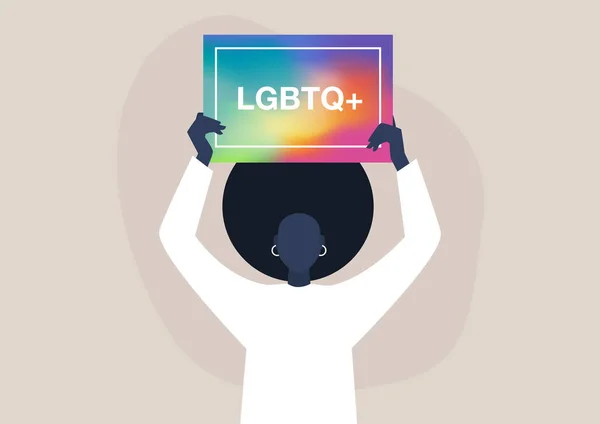 若い黒の女性のキャラクターは ぼやけた虹のメッシュの背景を持つLgbtqポスターを保持 概念的なデザイン — ストックベクタ