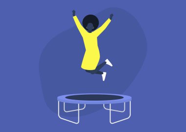 Genç, heyecanlı siyahi kadın karakter trambolinde zıplıyor ve olumlu duygularını ifade ediyor, eğleniyor, iyi enerji veriyor.