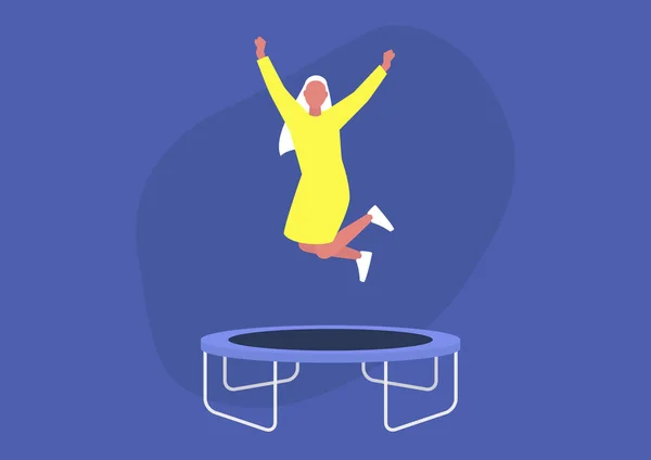 Joven Personaje Femenino Excitado Saltando Trampolín Expresando Emociones Positivas Divirtiéndose — Vector de stock