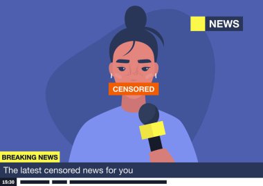 Konuşma özgürlüğü, sahte haberler, sansürlenmiş gerçekler, bilgiye erişim, ağzı bantlı genç bir kadın sunucu, propaganda konsepti