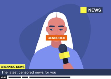 Konuşma özgürlüğü, sahte haberler, sansürlenmiş gerçekler, bilgiye erişim, ağzı bantlı genç Asyalı kadın sunucu, propaganda konsepti
