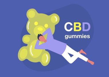 CBD yenilebilir jöle şekeri, dev bir jelibonun üzerinde uzanan genç erkek karakter, eğlence amaçlı ilaçlar, rahatlatıcı atmosfer.