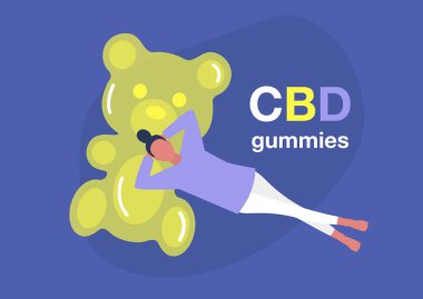 CBD yenilebilir jöle şekeri, dev bir jelibonun üzerinde uzanan genç kadın karakter, eğlence amaçlı ilaçlar, rahatlatıcı atmosfer.