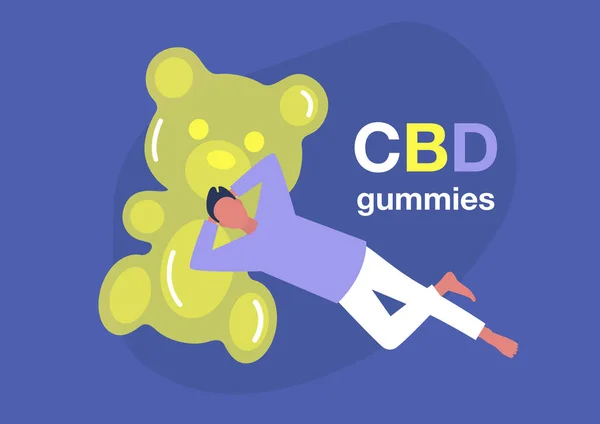 Cbd Edible Jelly Candy Young Male Character Lying Giant Gummy Vector Graphics