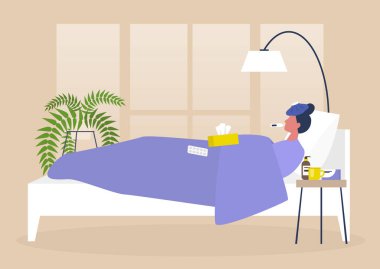 Young female sick character resting in bed, bedroom interior, quarantine, medical treatment vector Young female sick character resting in bed, bedroom interior, quarantine, medical treatment vector