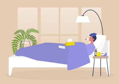Young male sick character resting in bed, bedroom interior, quarantine, medical treatment vector Young male sick character resting in bed, bedroom interior, quarantine, medical treatment vector