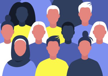 Bir grup genç karakter bir araya geliyor, çeşitlilik, profesyonel ağ, modern topluluk