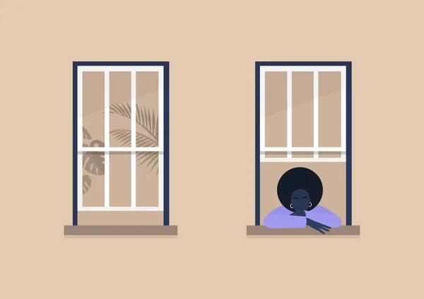 Молодая Черная Женщина Смотрит Окно Самоизоляция Скука Карантин — стоковый вектор