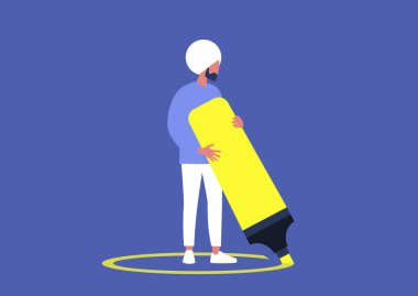 Genç Hintli erkek karakter kendi etrafında bir çember çiziyor, sosyal uzaklık, depresyon ve yalnızlık, karantina