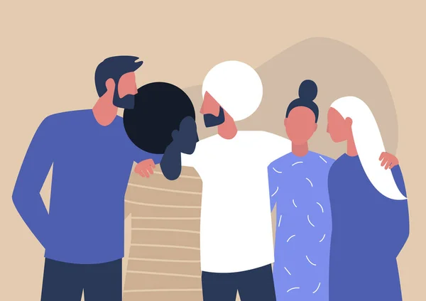 Farklı etnik kökenlere ve cinsiyetlere sahip, birbirine sarılan, bin yıllık arkadaşlar.