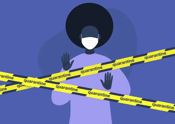 隔離された黄色のテープの後ろに保護マスクを身に着けている若い黒人女性のキャラクター コロナウイルス発生 社会的隔離 — ストックベクタ