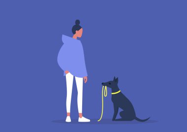 Şirin, siyah, sıska bir köpek yavrusu, ev hayatı, köpeğiyle birlikte genç bir bayan sahibi.
