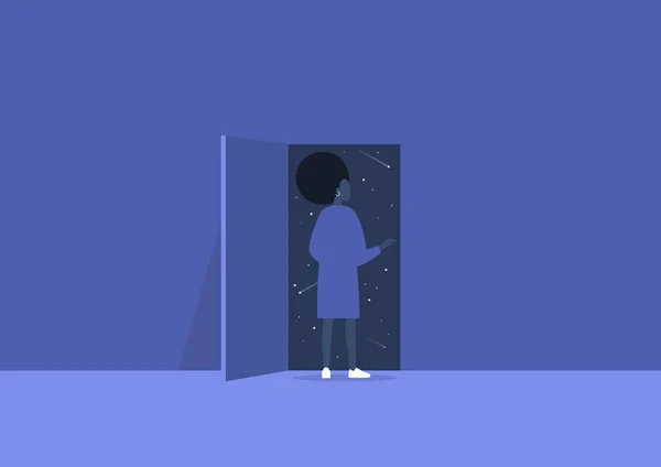 Воображение Вдохновение Космос Астрология Молодой Черный Женский Персонаж Открывающий Дверь — стоковый вектор