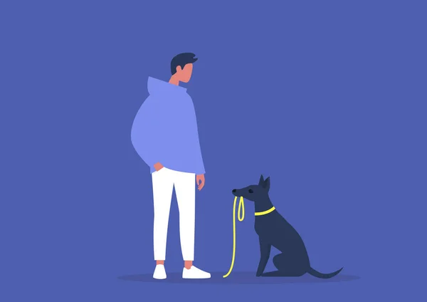 可爱的黑色瘦小的小狗坚持散步 家庭生活 年轻的主人和他们的狗在一起 — 图库矢量图片