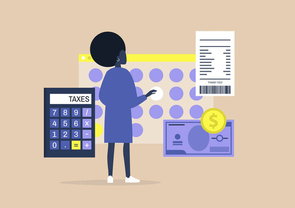 Молодая черная женщина подает налоговую декларацию, декларируя доход
