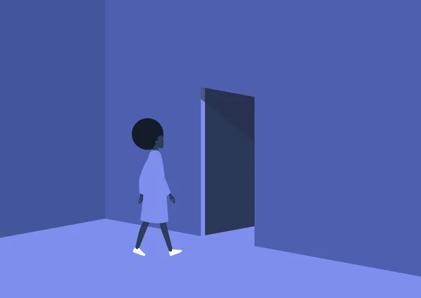Jeune Personnage Féminin Noir Quittant Pièce Sortie — Image vectorielle