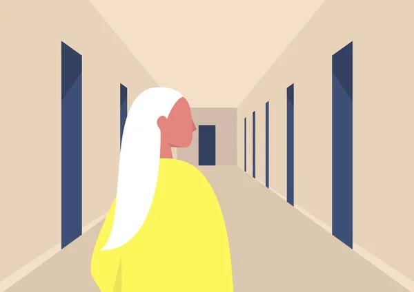 年轻的女性角色站在一个走廊里 空荡荡的大楼大厅里 门上都是门 — 图库矢量图片