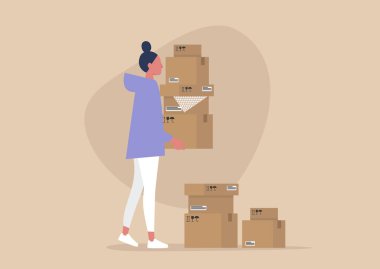Young female character holding a pile of cardboard boxes, delivery service, courier clipart