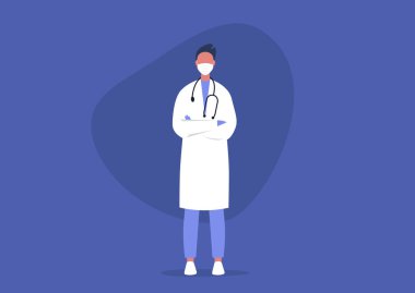 Kolları çapraz duran genç erkek doktor, profesyonel yardım, tıbbi üniforma, sağlık hizmeti konsepti