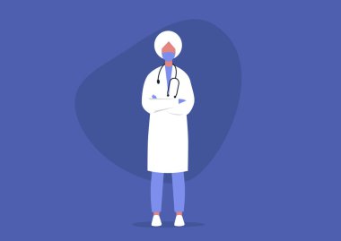 Kolları çapraz duran genç Hintli erkek doktor, profesyonel yardım, tıbbi üniforma, sağlık hizmeti konsepti
