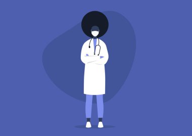 Kolları çapraz duran genç zenci kadın doktor, profesyonel yardım, tıbbi üniforma, sağlık hizmeti konsepti