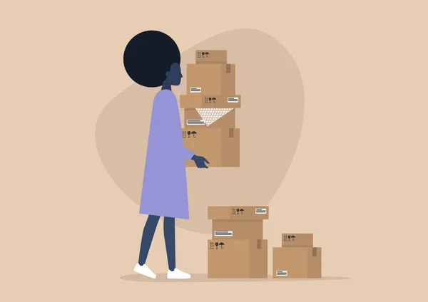 Jeune Personnage Féminin Noir Tenant Une Pile Boîtes Carton Service — Image vectorielle
