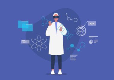 Biyoteknoloji konsepti, VR kulaklık takan genç bilim adamı moleküllerin dijital görüntüleri ve bilgi grafikleri.