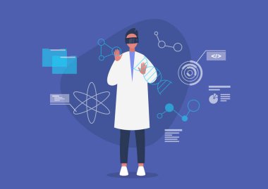 Biyoteknoloji konsepti, VR kulaklık takan genç bilim adamı moleküllerin dijital görüntüleri ve bilgi grafikleri.